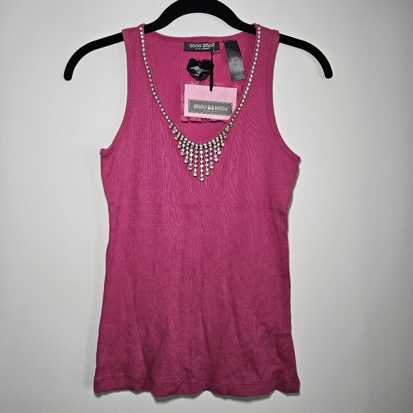 Bisou Bisou Tops - NWT! Bisou Bisou Sleeveless V-neck Rhinestone Embellished Cotton Tank Sz Small